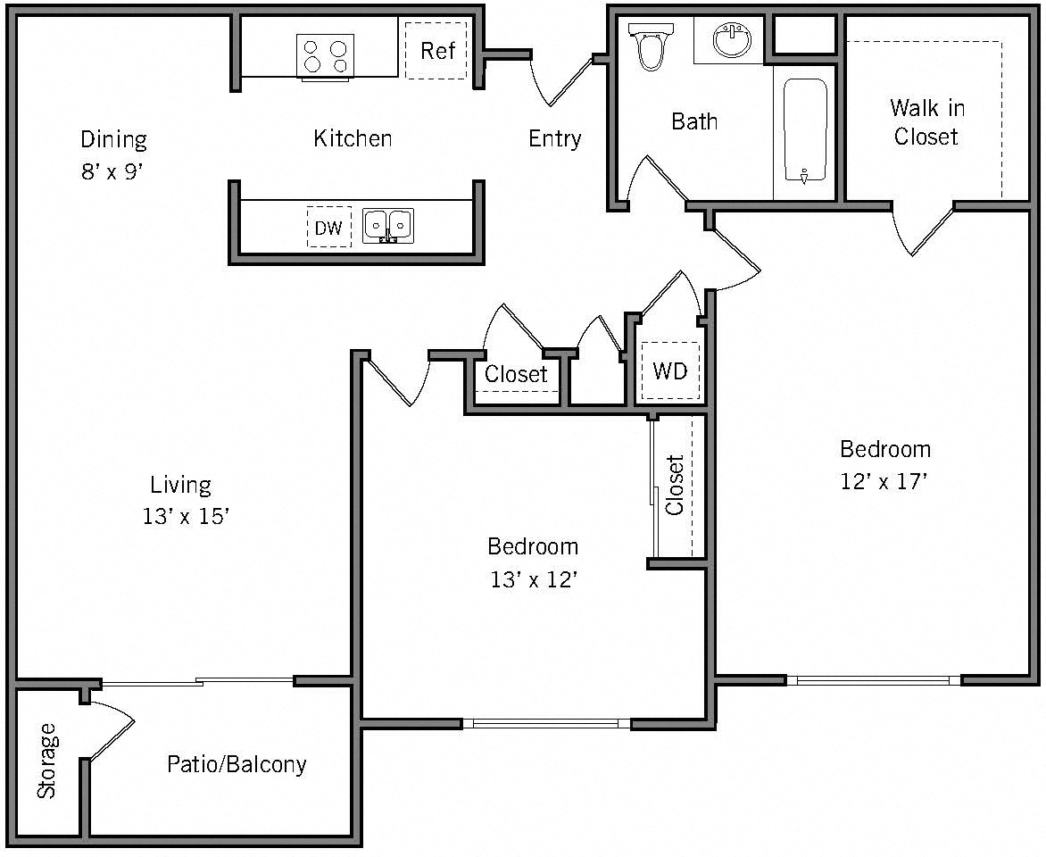 Floor plan for 2 beds, 1 bath, 1142 sqft